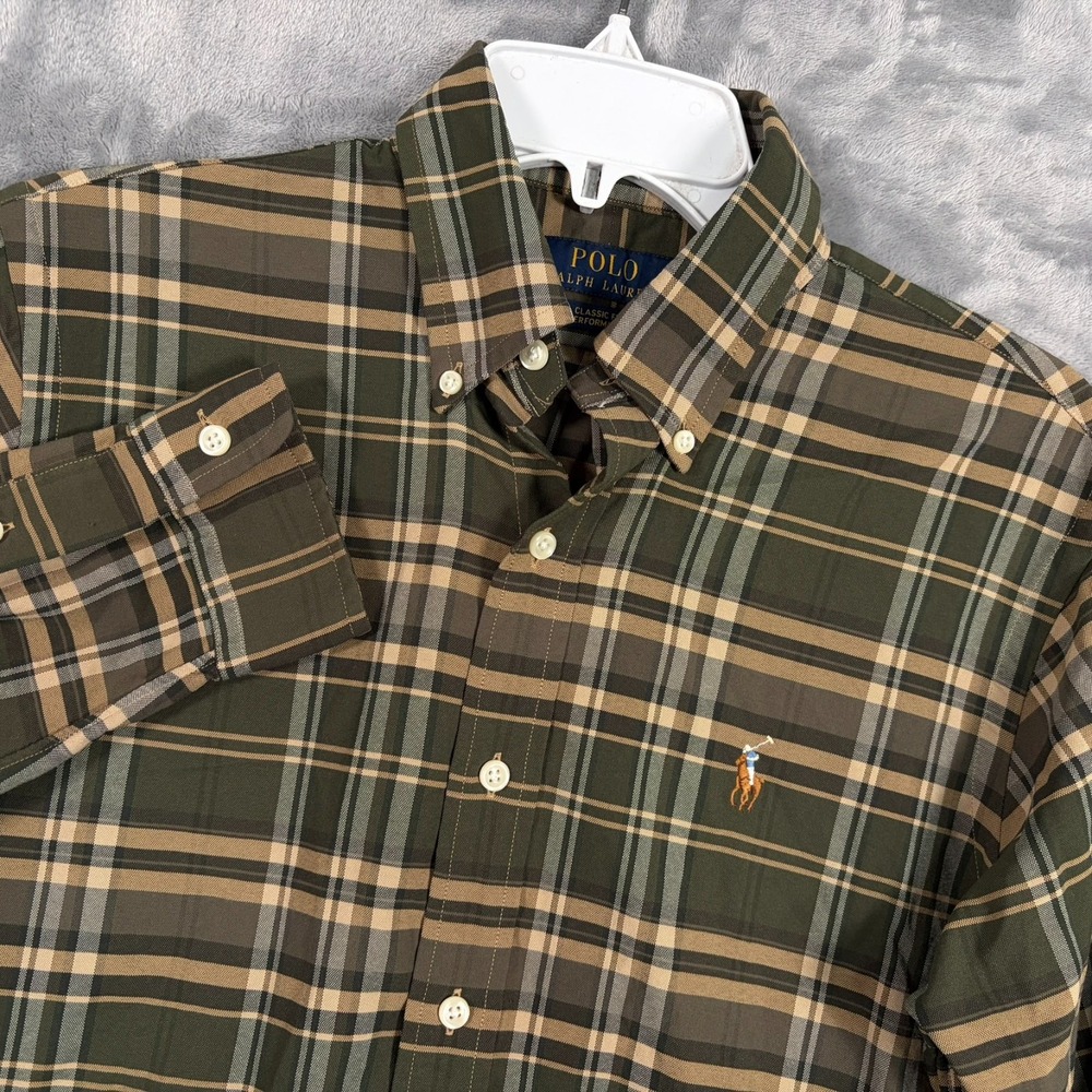 Polo Ralph Lauren Performance Button Down Shirt Men Small Green Plaid Flesh Pony